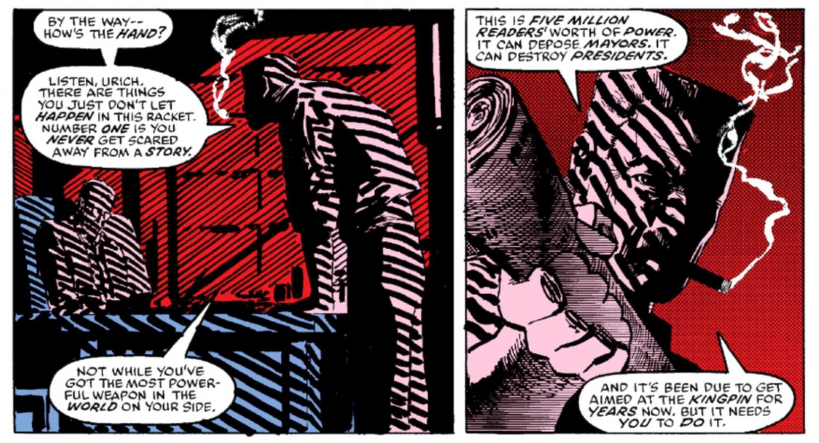 páginas do Demolidor Nascido de Novo mostrando o chefão destruindo Ben Urich-1