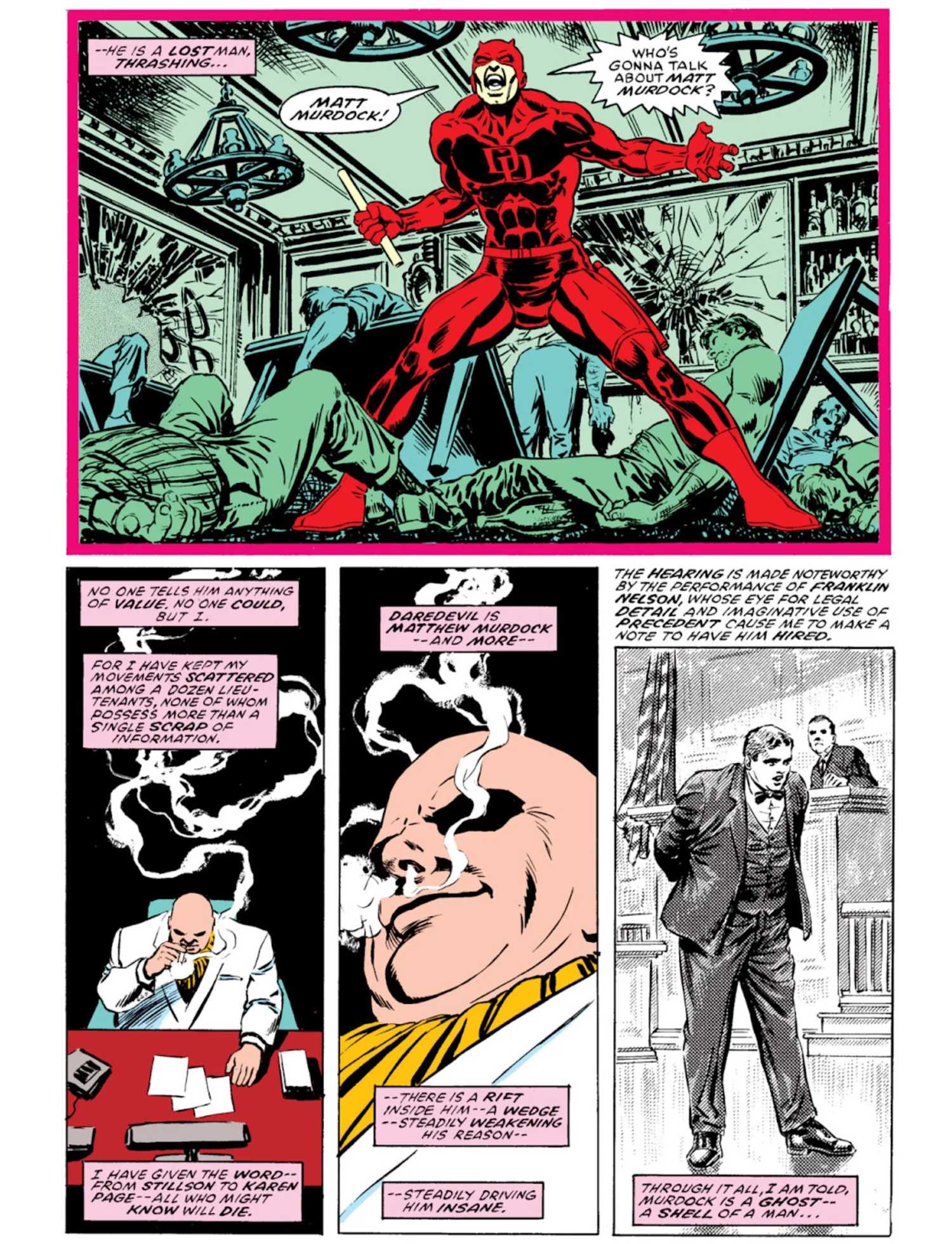 páginas do Demolidor Nascido de Novo mostrando o chefão destruindo Matt Murdock