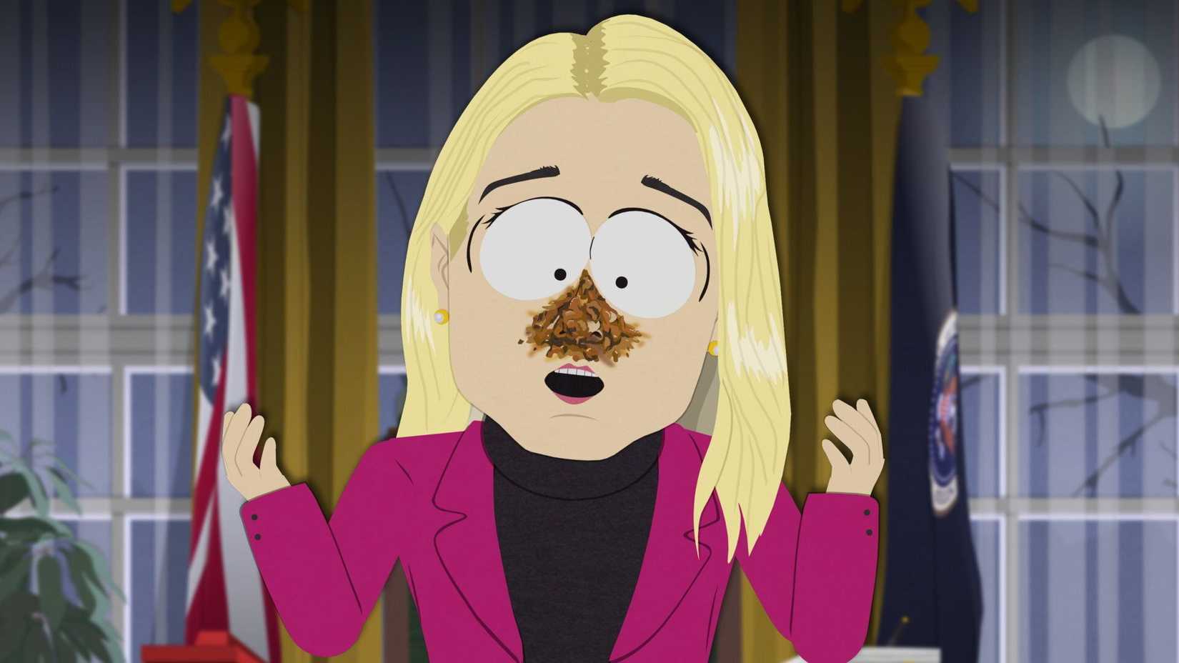 pam bondi with rectalplasm all over her nose in south park