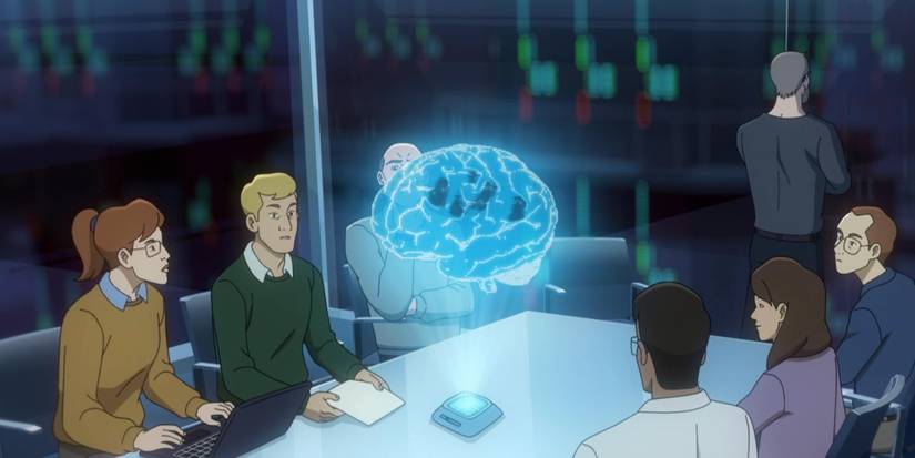 Os personagens sentados à mesa em Pantheon