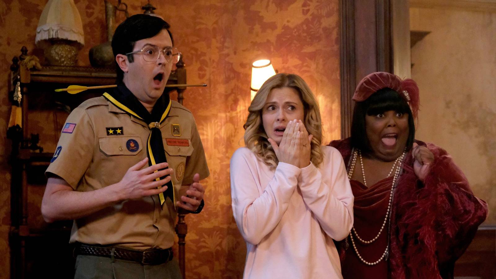 Pete, Sam, and Alberta looking shocked in Ghosts