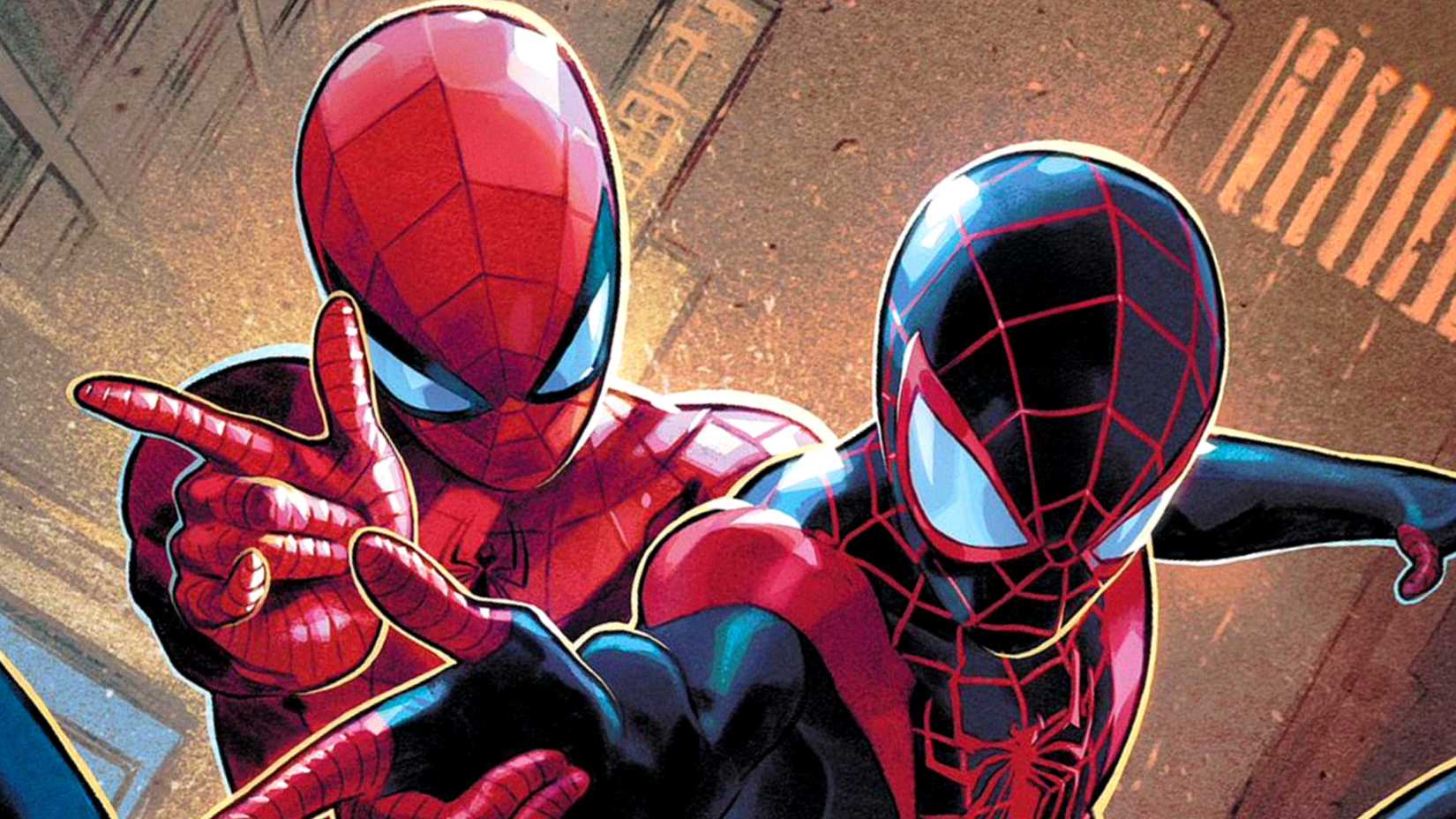 Peter Parker and Miles Morales shoot webs in The Spectacular Spider-Man comic cover