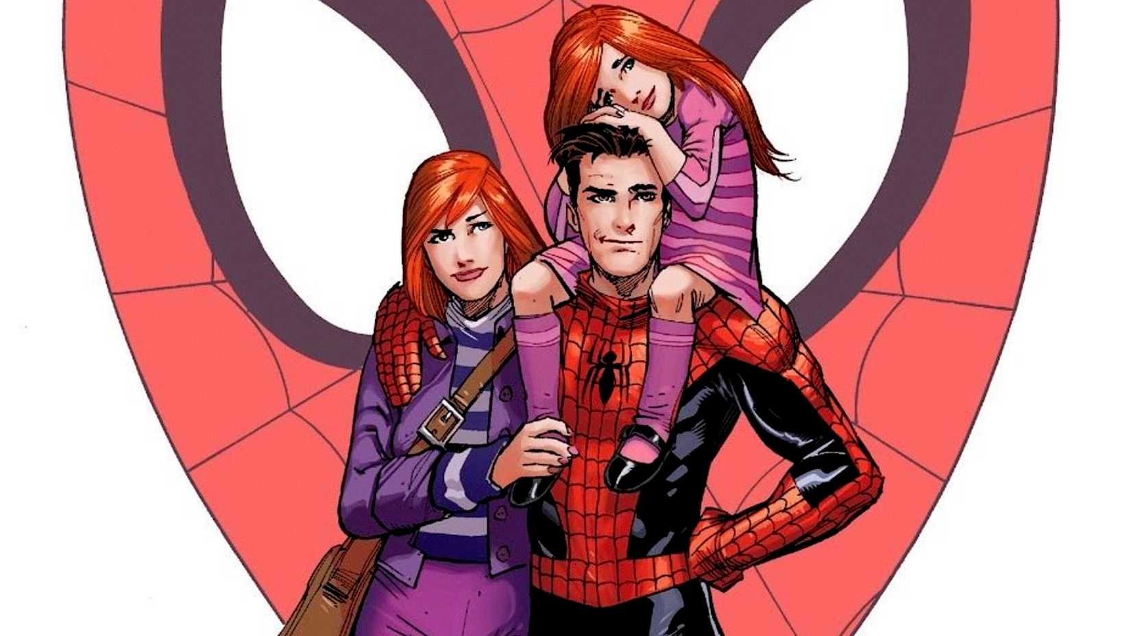 Peter Parker poses with his wife Mary Jane and their daughter in The Amazing Spider-Man Renew Your Vows cover