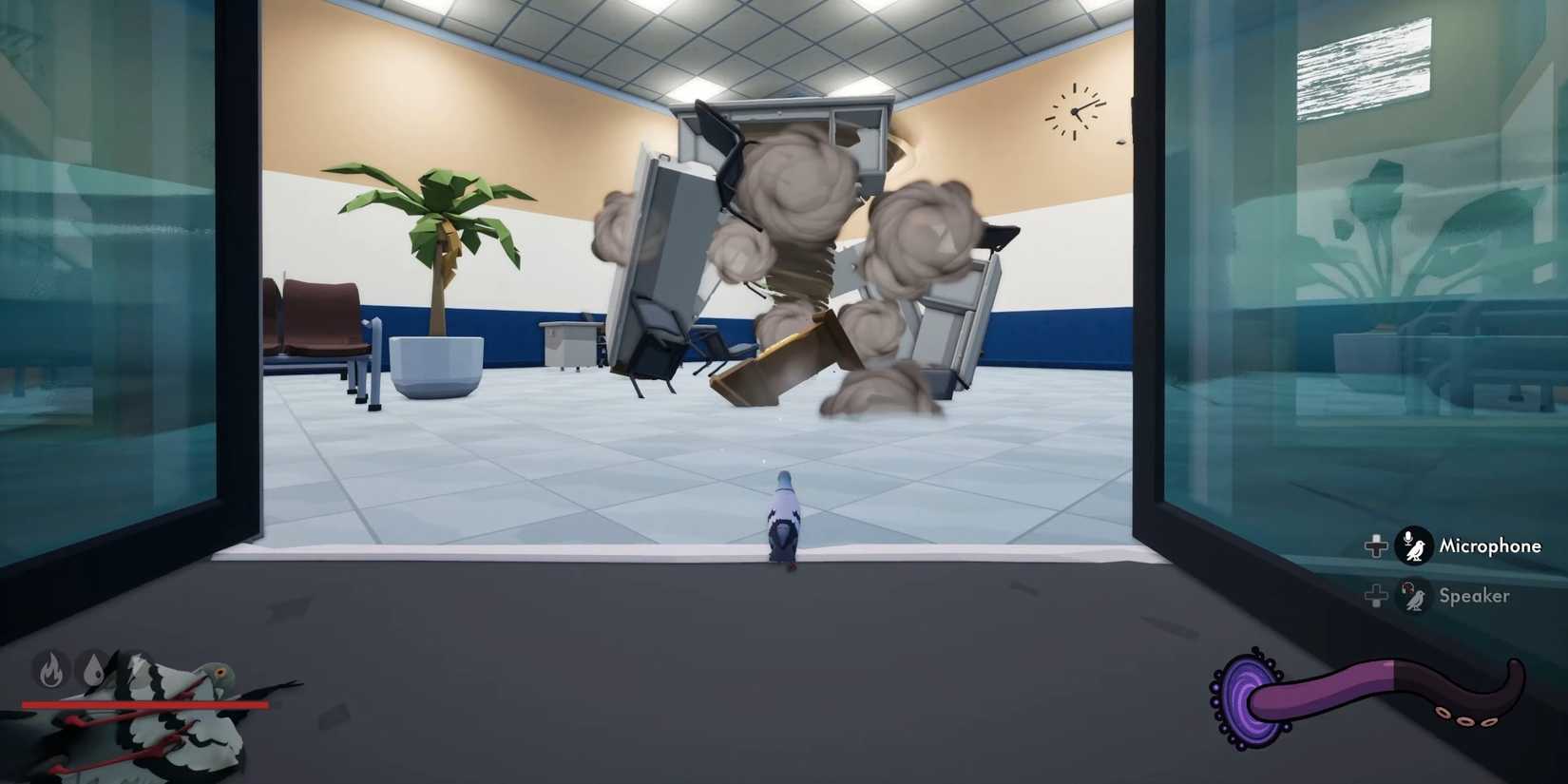 A pigeon faces a whirlwind in Pigeon Simulator.