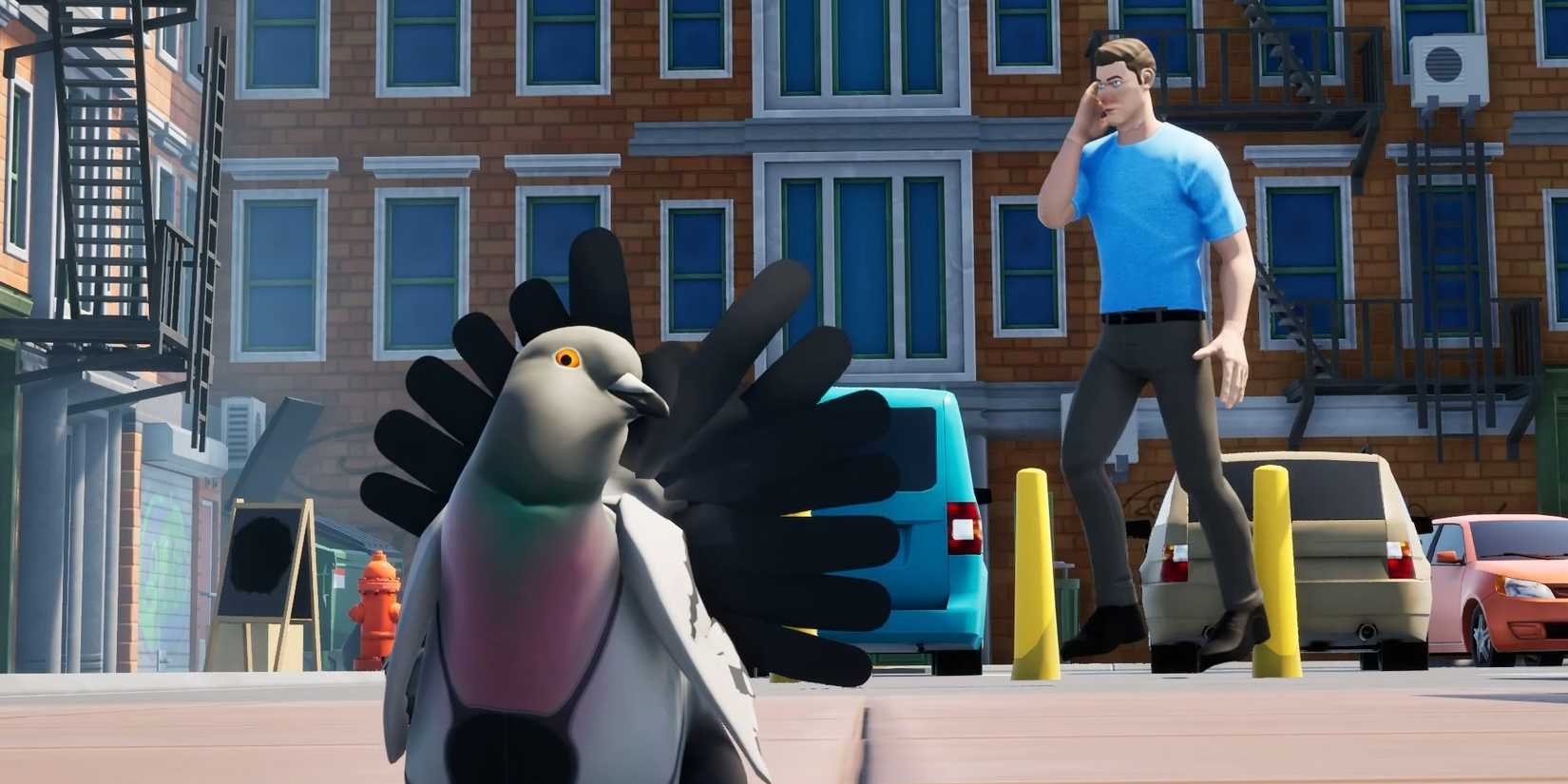 A pigeon looks forward as a human man walks behind it in Pigeon Simulator.