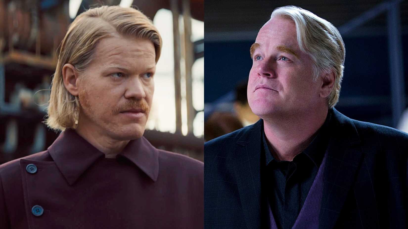 Jesse Plemons em Sunrise on the Reaping e Philip Seymour Hoffman como Plutarch em Jogos Vorazes: Catching Fire