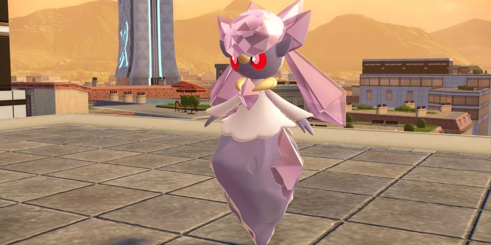 Una Diancie flota en un tejado en Lumiose City en Pokémon Legends: Z-A.