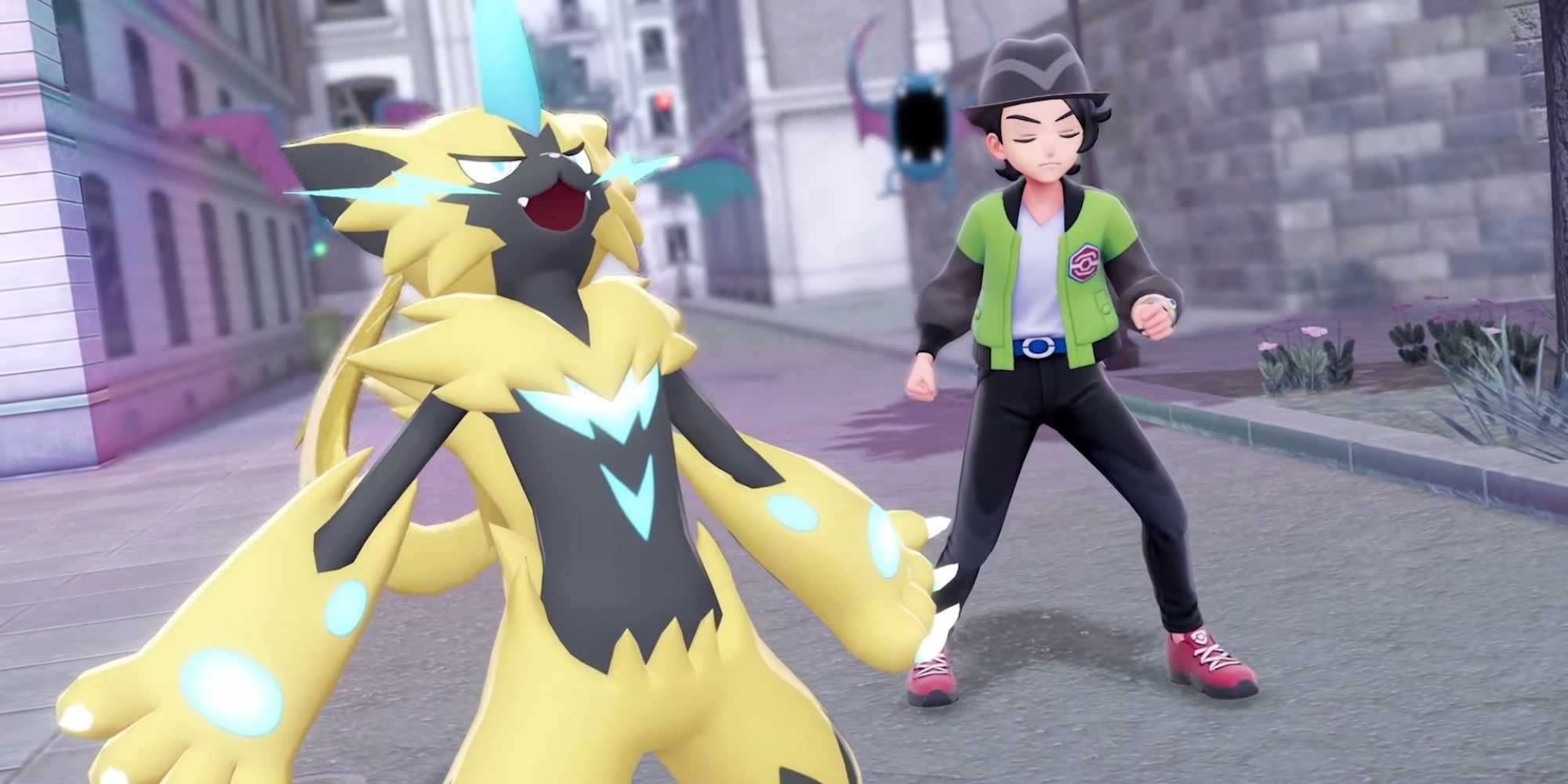 Zeraora roars next to its trainer in Pokemon Legends ZA.