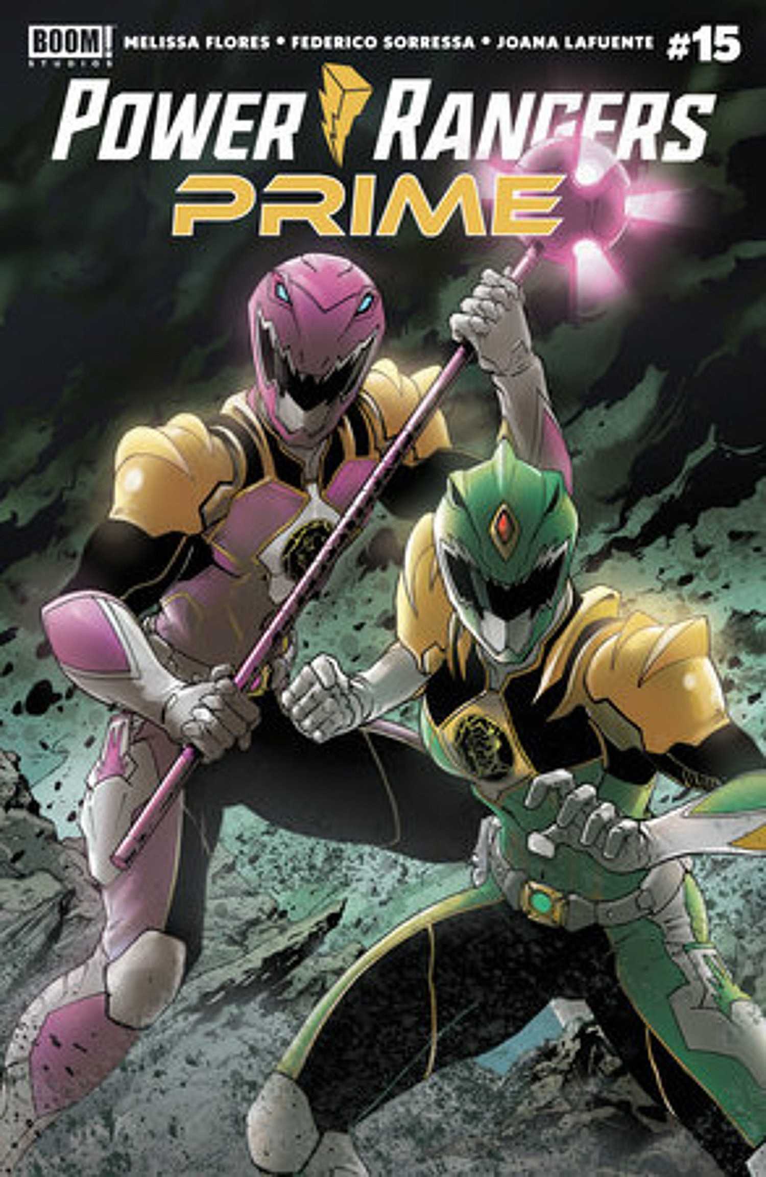 Power Rangers Prime #15 cover, the Green and Pink Rangers bracing for battle