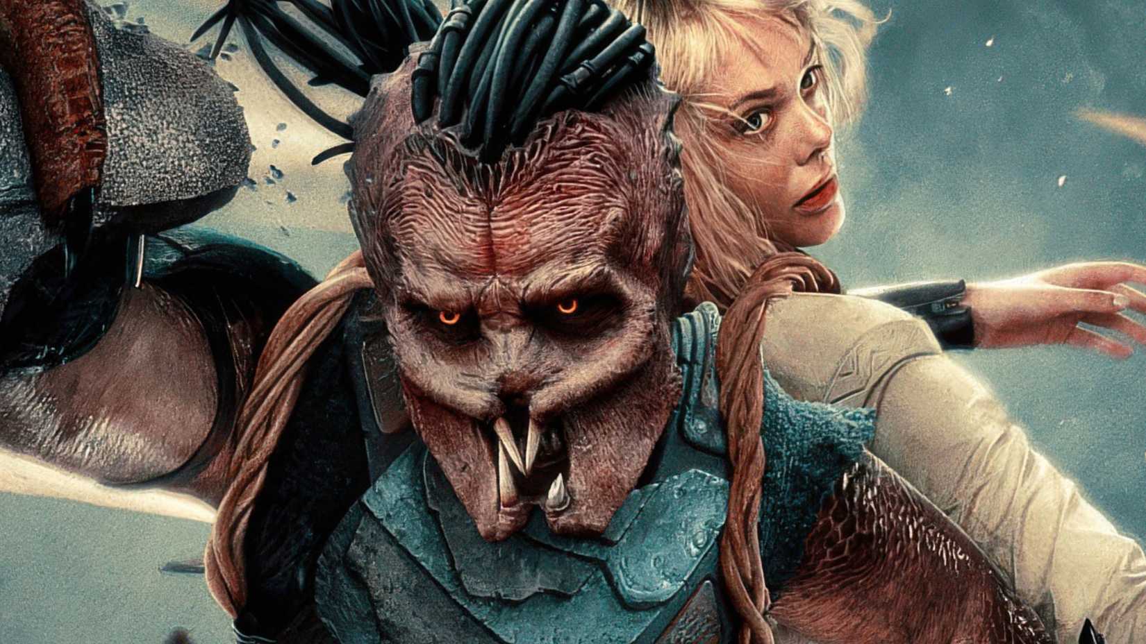 Dek e seu companheiro androide em Predator: Badlands pendurados em um penhasco.