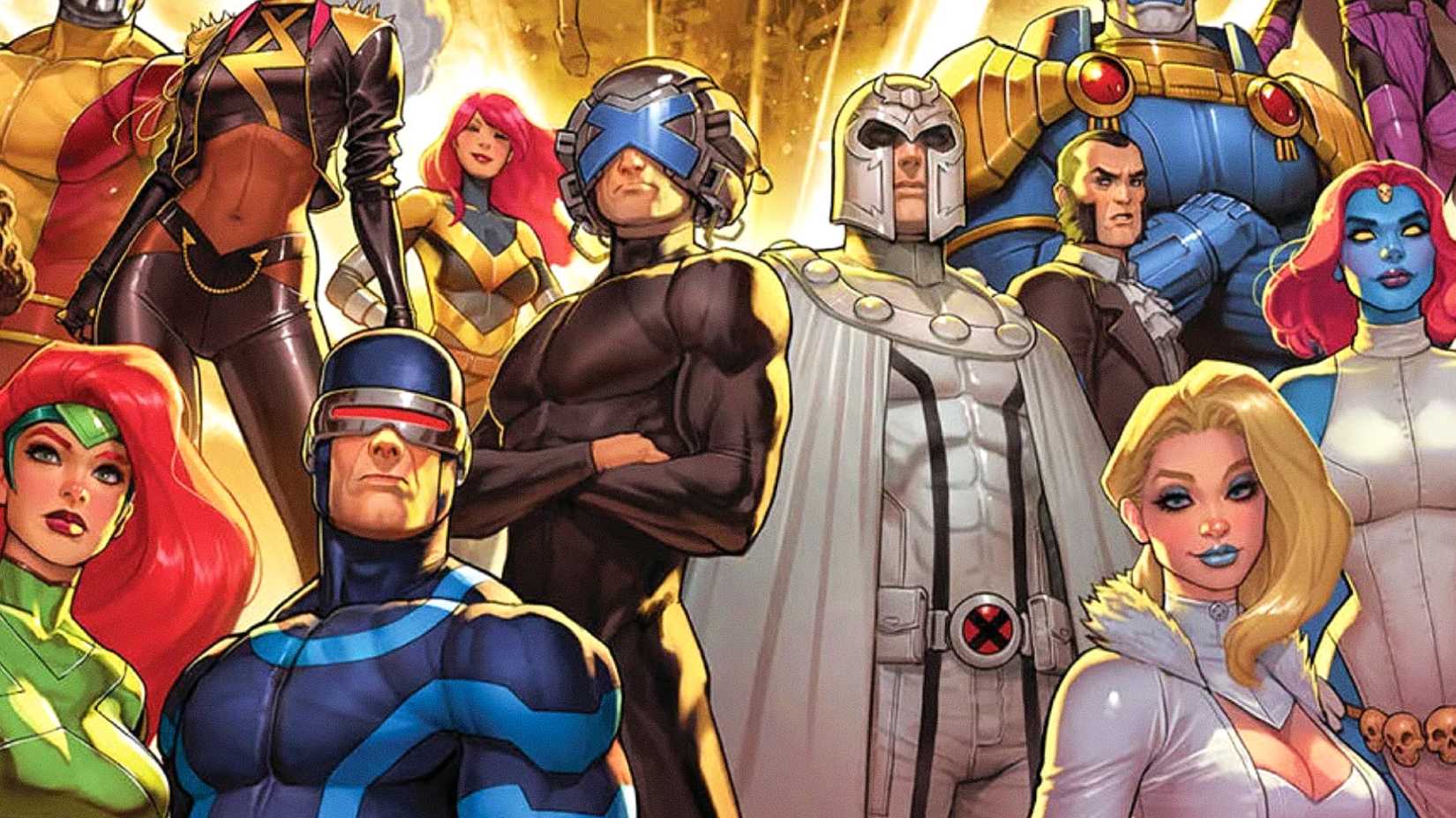 Professor Charles Xavier, Magneto, the X-Men, and their villains pose together in front of Krakoa in art by David Nakayama