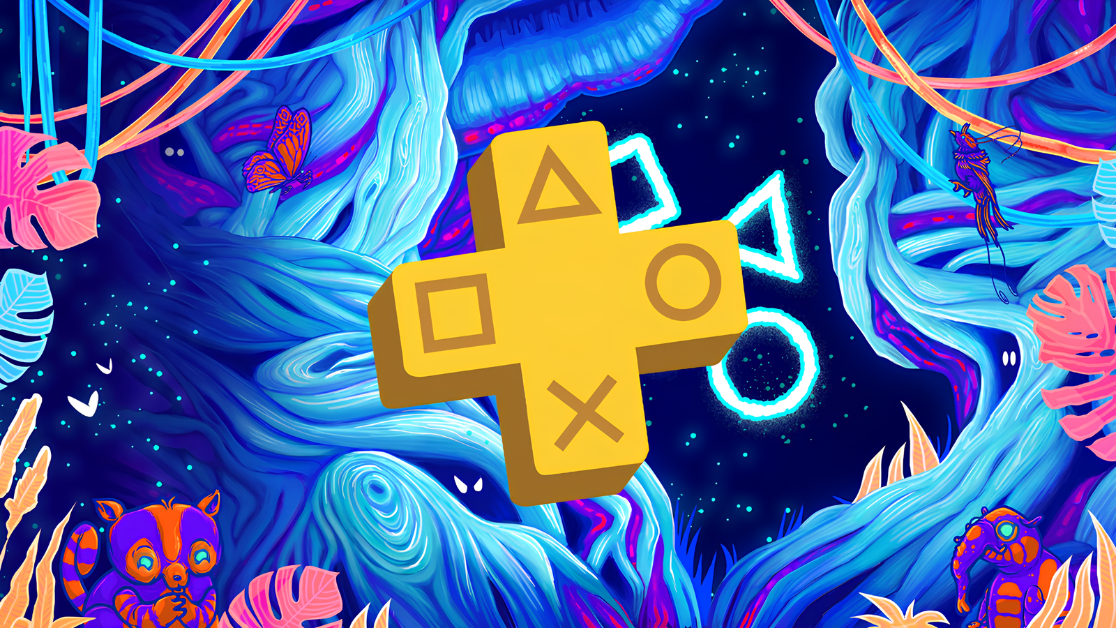 The PlaySTation PLus logo in front of trippy artwork
