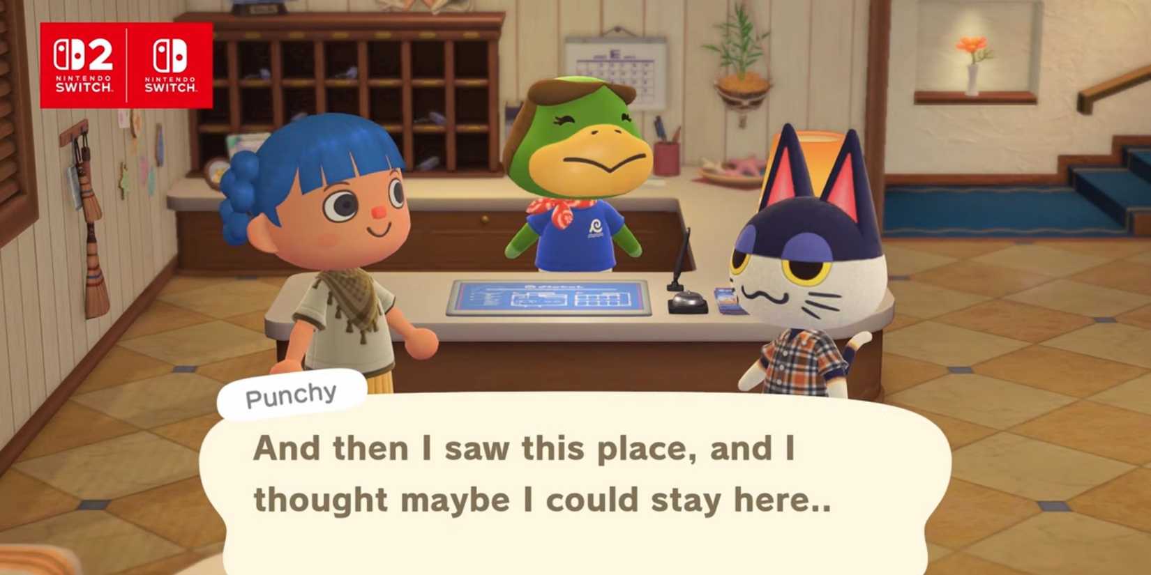 Punchy at the hotel in Animal Crossing New Horizons 3.0 Update