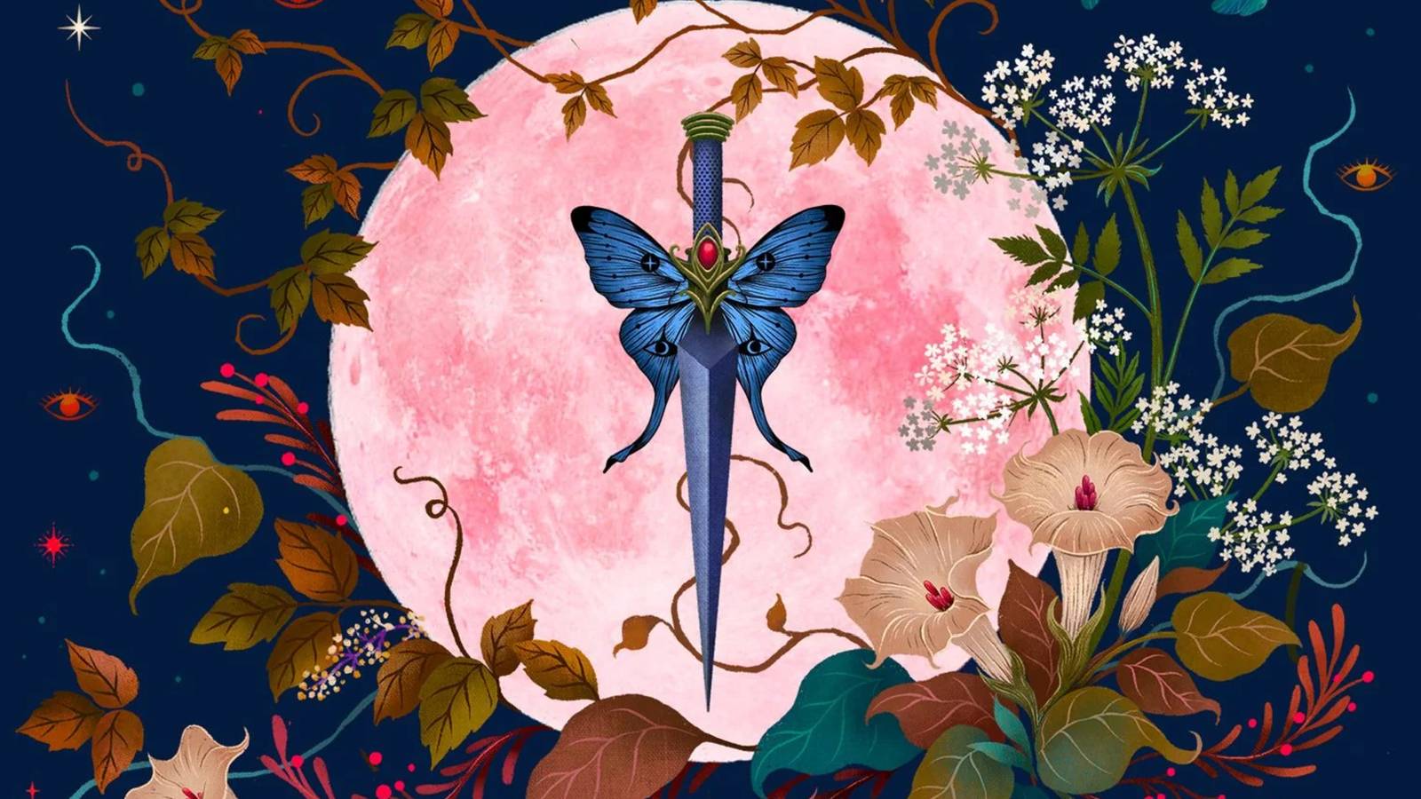 Radiant Lovely's book cover shows a pink moon with flowers, vines, and a dagger with butterfly wings.