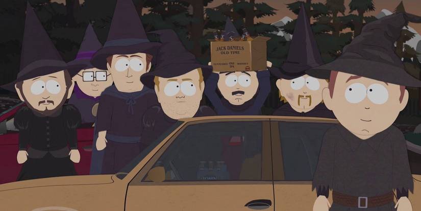 randy his guy friends dressed as witches getting ready to party with jack daniels in south park