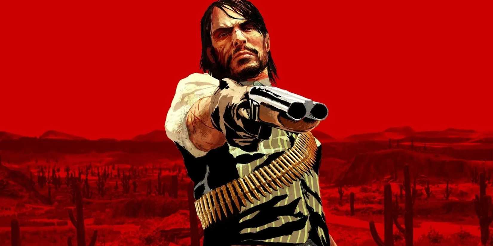 John Marston points a shotgun forward in Red Dead Redemption artwork.