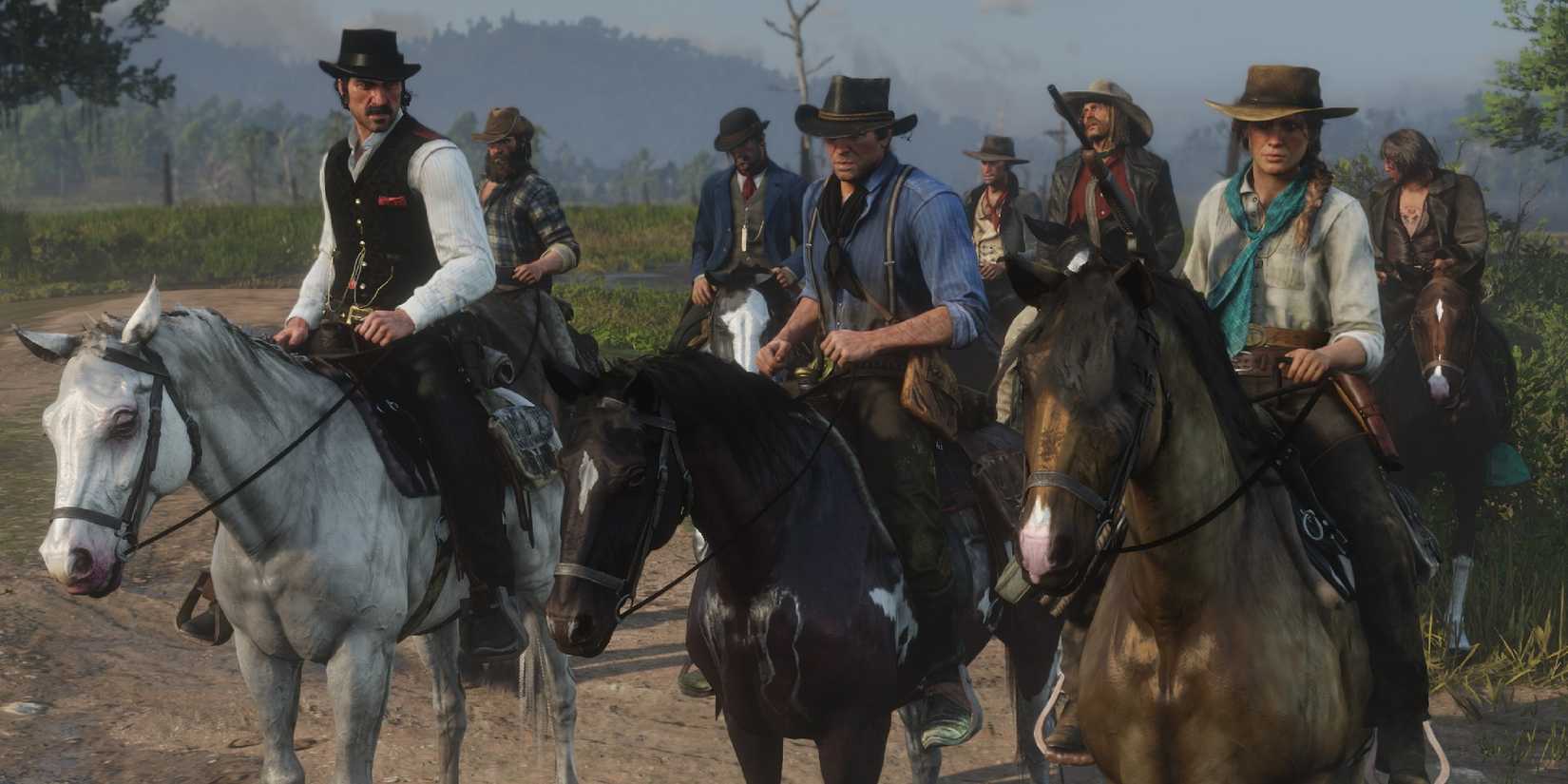 Red Dead Redemption 2 screenshots of characters mounted on horses