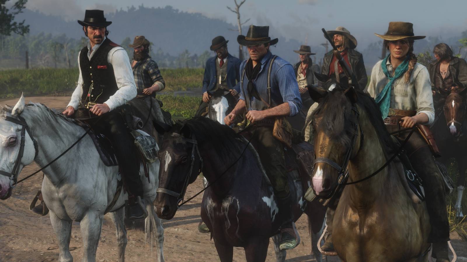 Red Dead Redemption 2 screenshots of characters mounted on horses