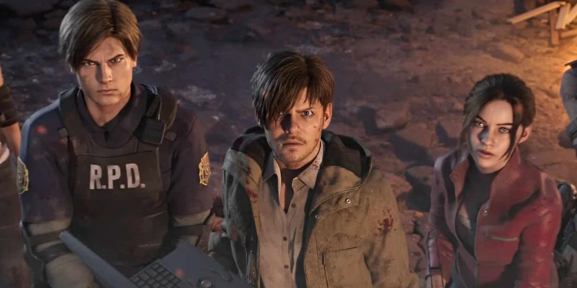 Leon, the Operative, and Claire look upward in Resident Evil Survival Unit.