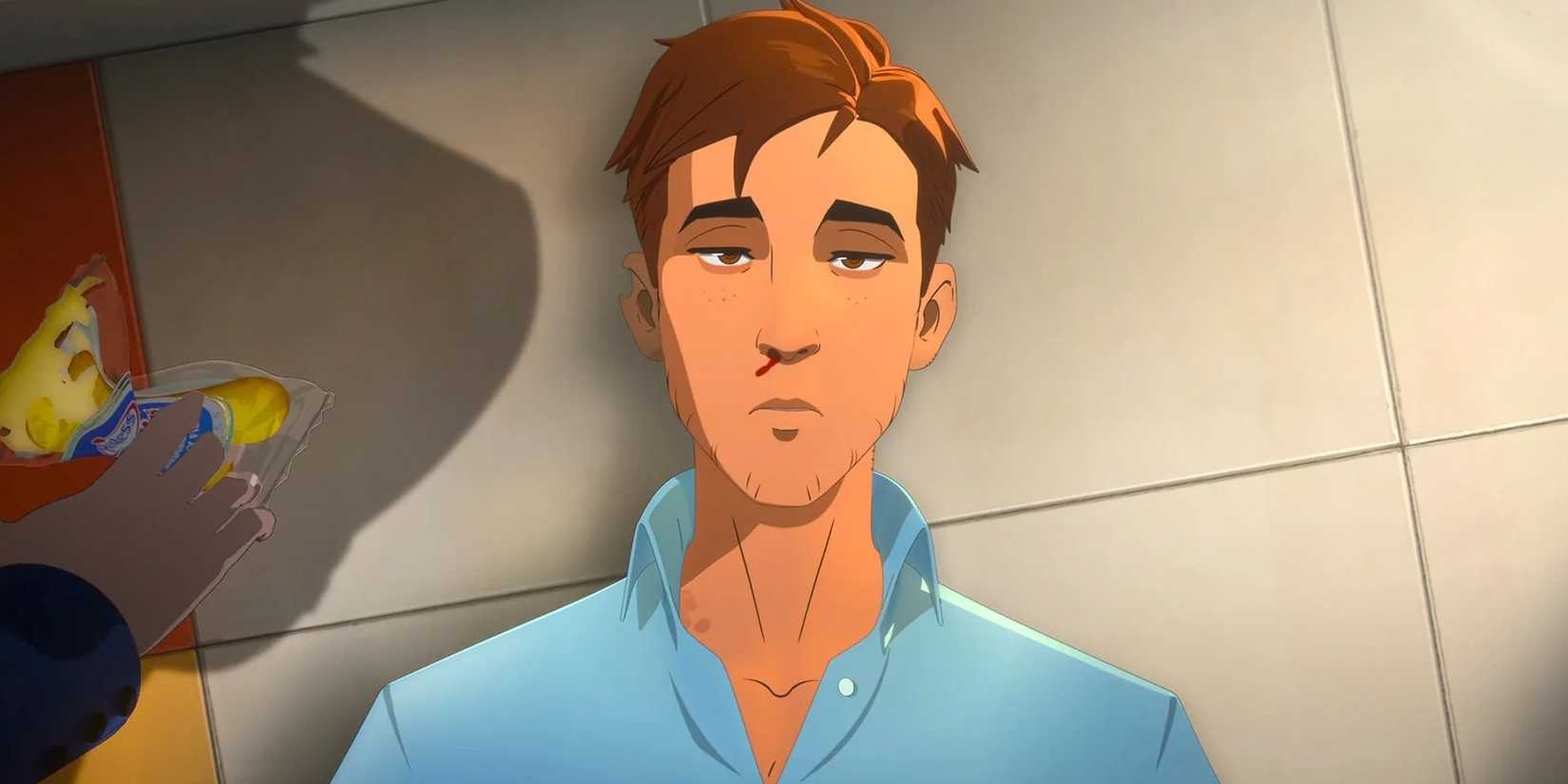 Robert deitado no chão com sangramento nasal enquanto Sonar pega um Twinkie em Dispatch