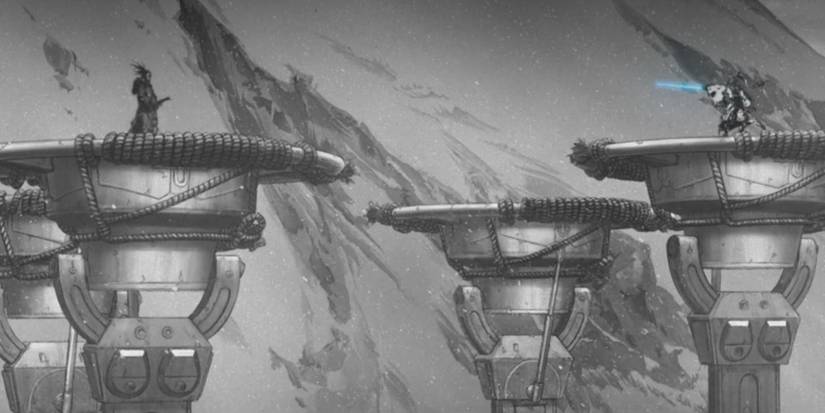 Ronin and Grand Master Dueling on AT-AT Walker Legs in Star Wars Visions Vol. 3