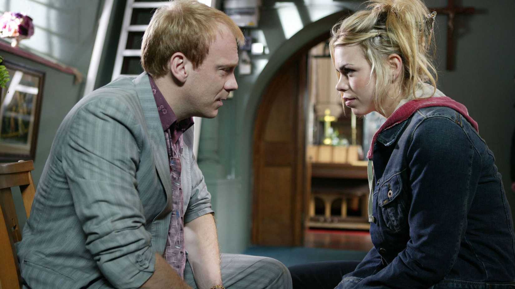 Rose and her Father staring at each other in Doctor Who season 1 episode 8, Father's Day