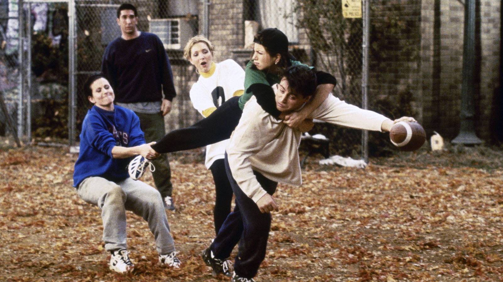 Ross Monica Rachel and Joey playing football in Friends' Thanksgiving episode