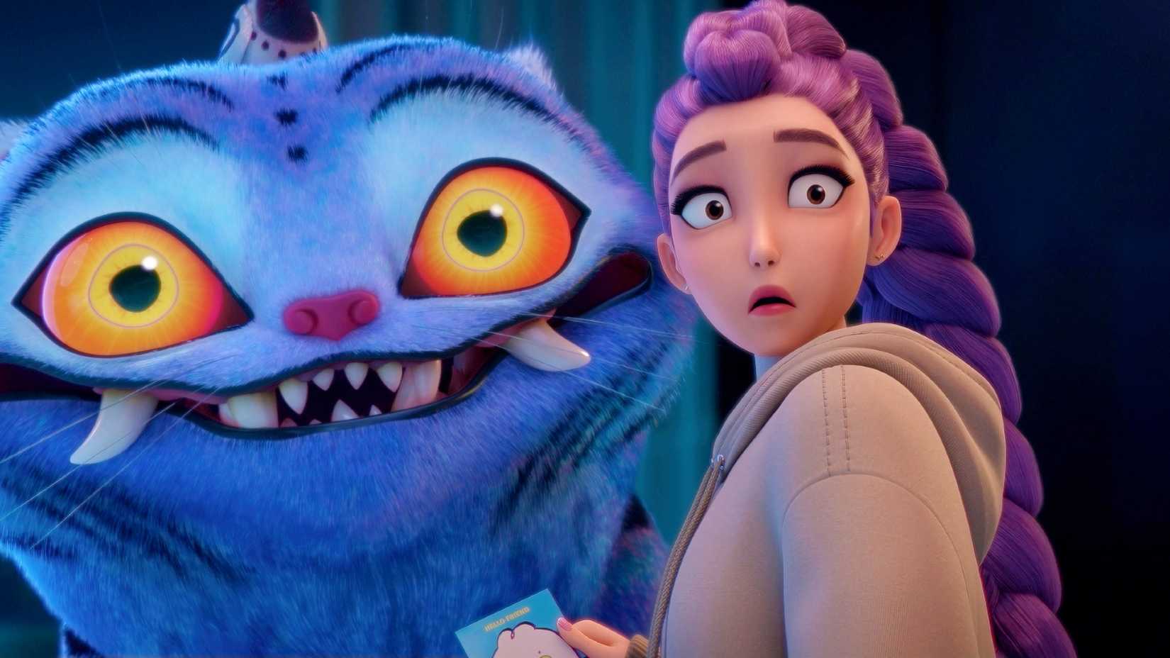 Rumi e o tigre azul com uma expressão de surpresa em KPop Demon Hunters