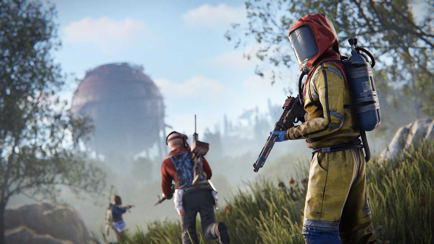 Rust characters wearing full body protective gear and walking through grass with weapons