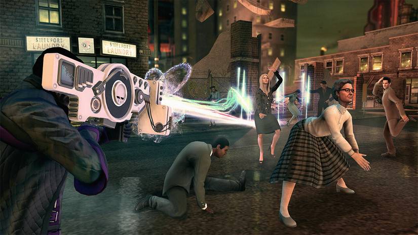 Saints Row 4 player shooting a dance gun at people on the street