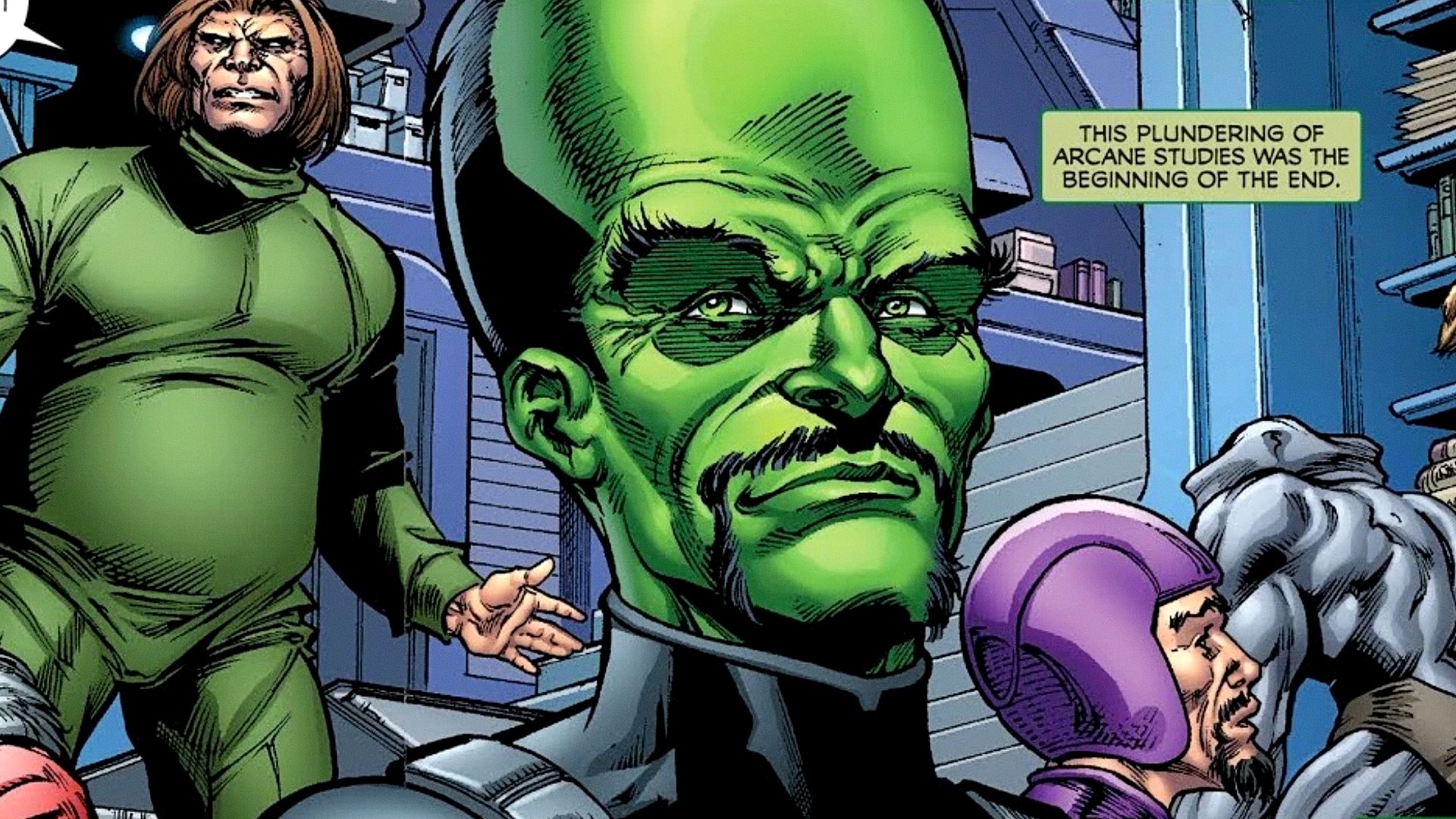 Samuel Sterns, the Leader, smirking amidst villains in Marvel Comics