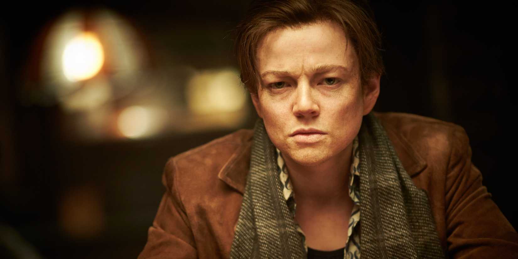 Sarah Snook looking upset as The Unmarried Mother in Predestination
