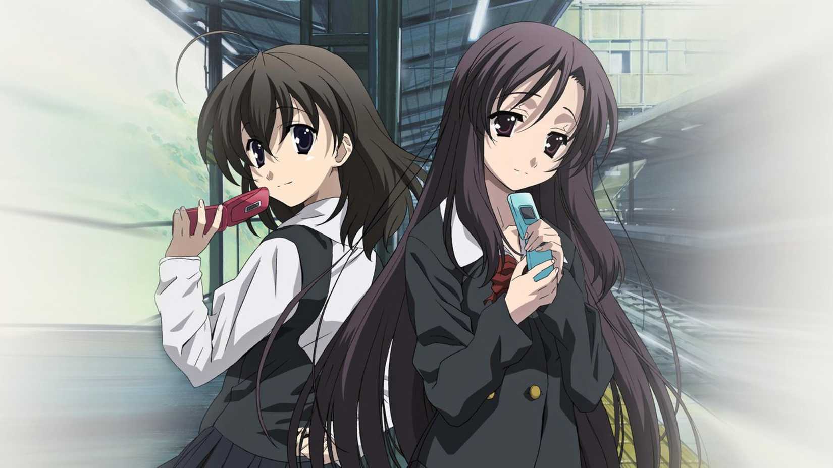 Sekai and Kotonoha holding their cell phones in the promotional poster for School Days.