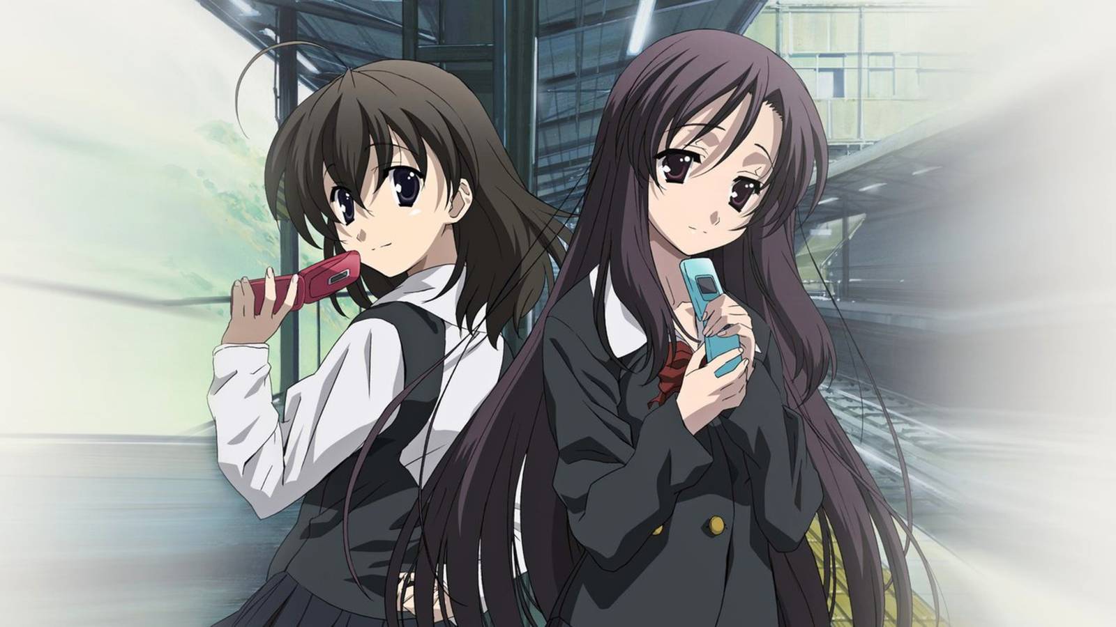 Sekai and Kotonoha holding their cell phones in the promotional poster for School Days.