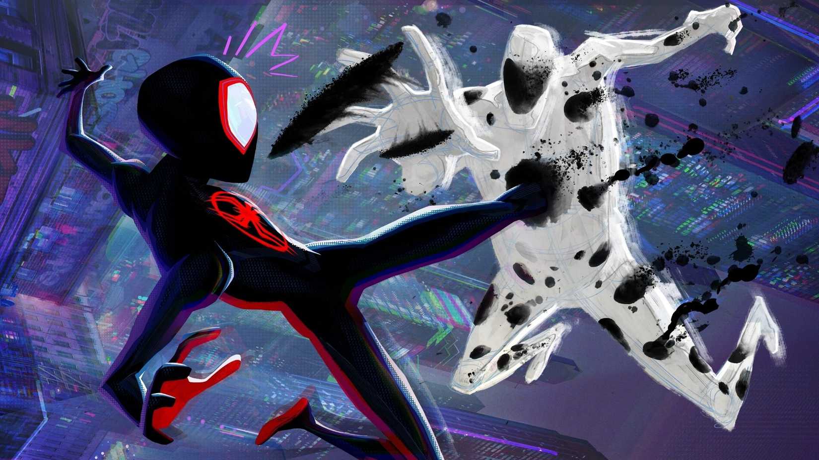 Miles Morales Spider-man lutando contra o Spot em Spider-Man: Across the Spider-Verse