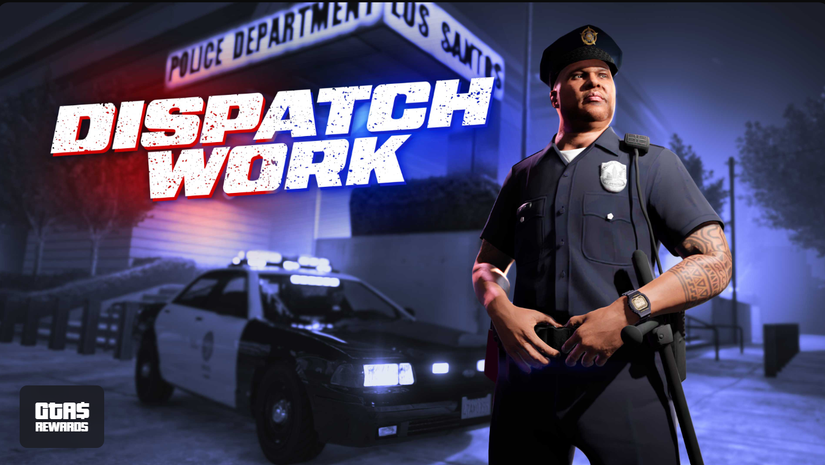 GTA Online splash screen showing vincent the cop with his police car and the words "Dispatch Work"