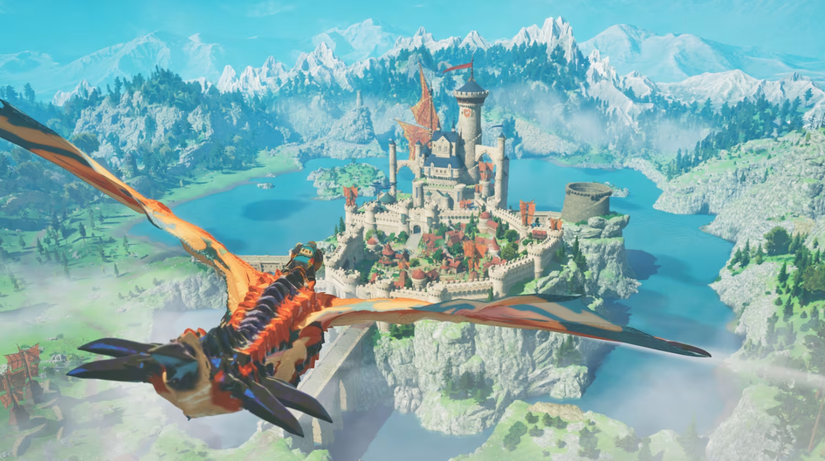 Monster Hunter Stories 3 screenshot of character flying on back of monster above a city with a castle