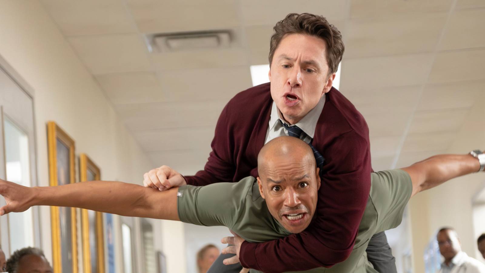 Scrubs reboot still featuring JD climbing on Turk's back.