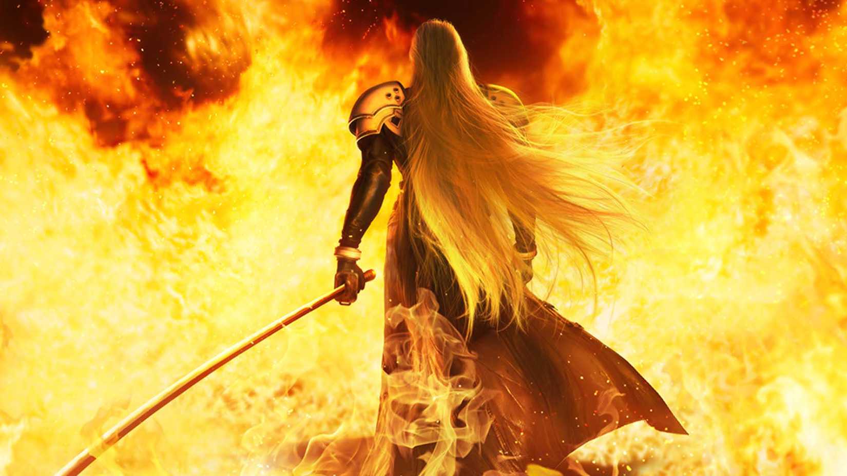 final fantasy villain Sepiroth engulfed in flames