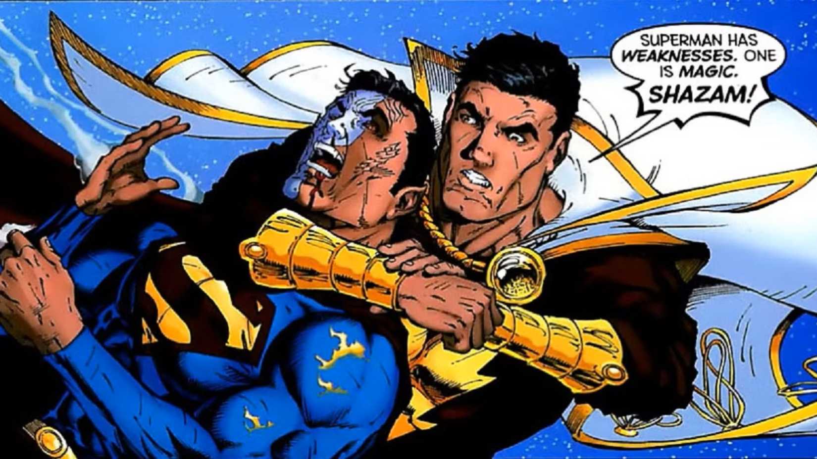 Shazam holds Superman in a headlock while calling out his magic weakness