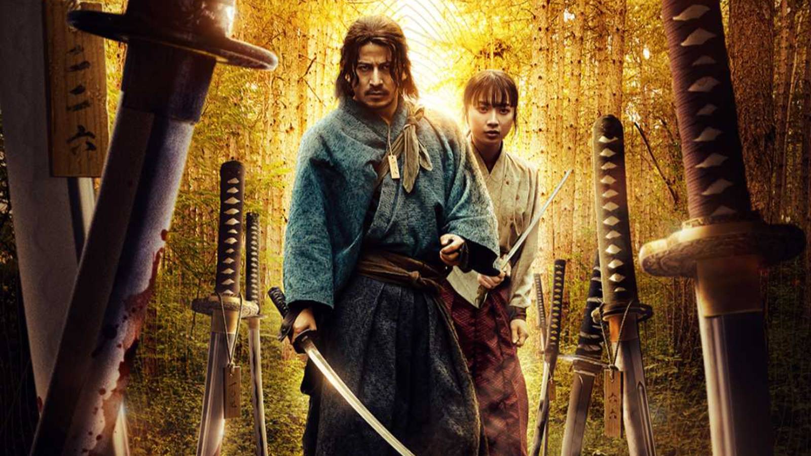 Shujiro protecting Fatuba in a field of swords in the poster for Last Samurai Standing