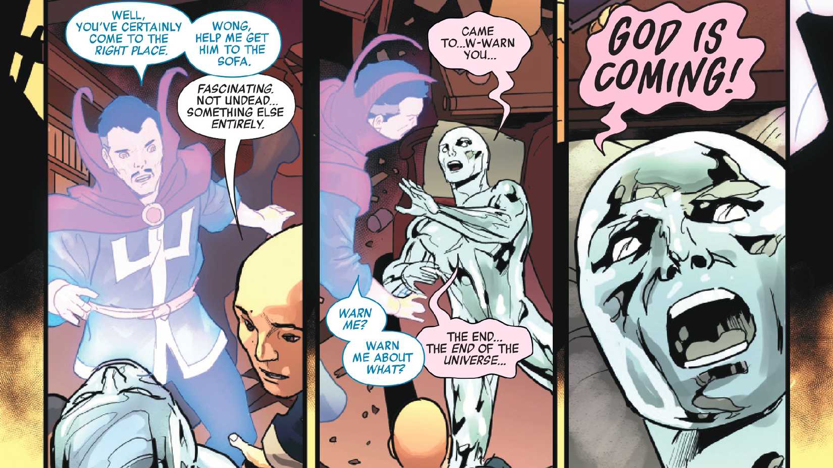 Silver Surfer warns Doctor Strange and Wong that God is Coming in Marvel Zombies Red Band #3