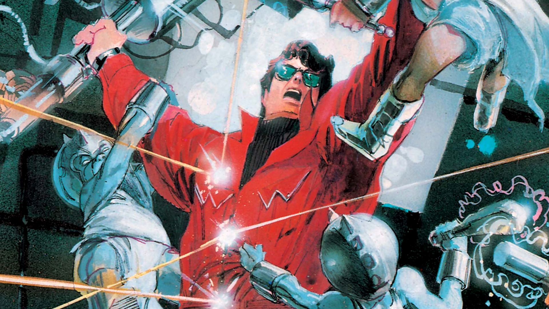 Simon Williams combatte robot nella copertina di Wonder Man #1