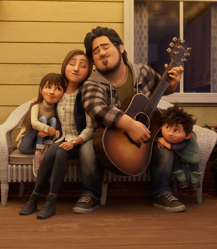 simu liu as dad performing his guitar with the family snuggled around him in in your dreams