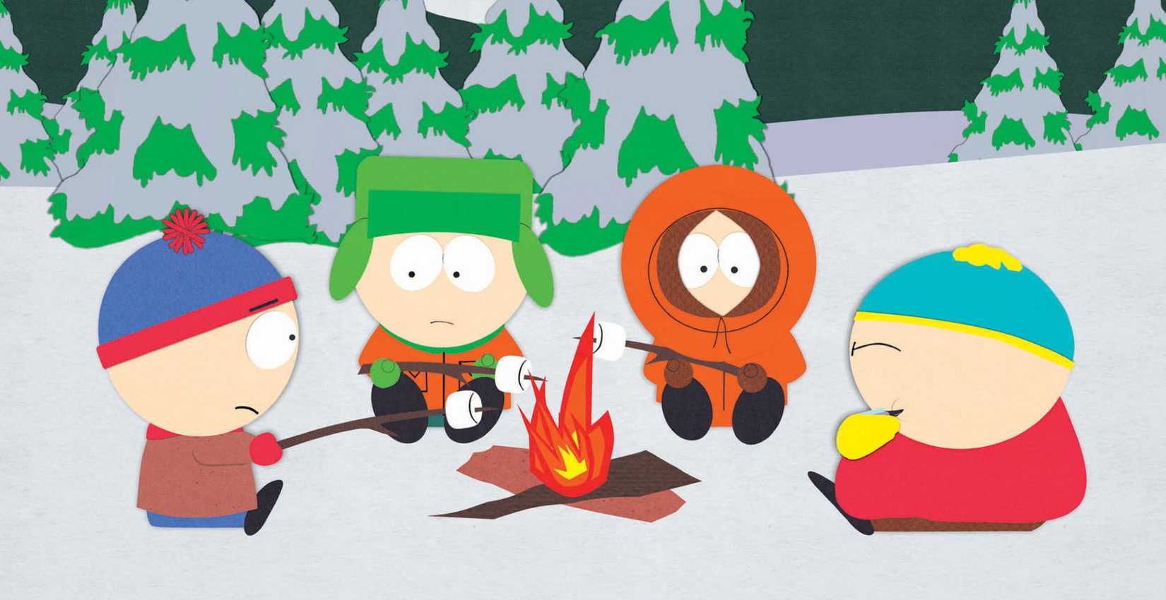Cena de South Park com os quatro personagens principais ao redor de uma fogueira.