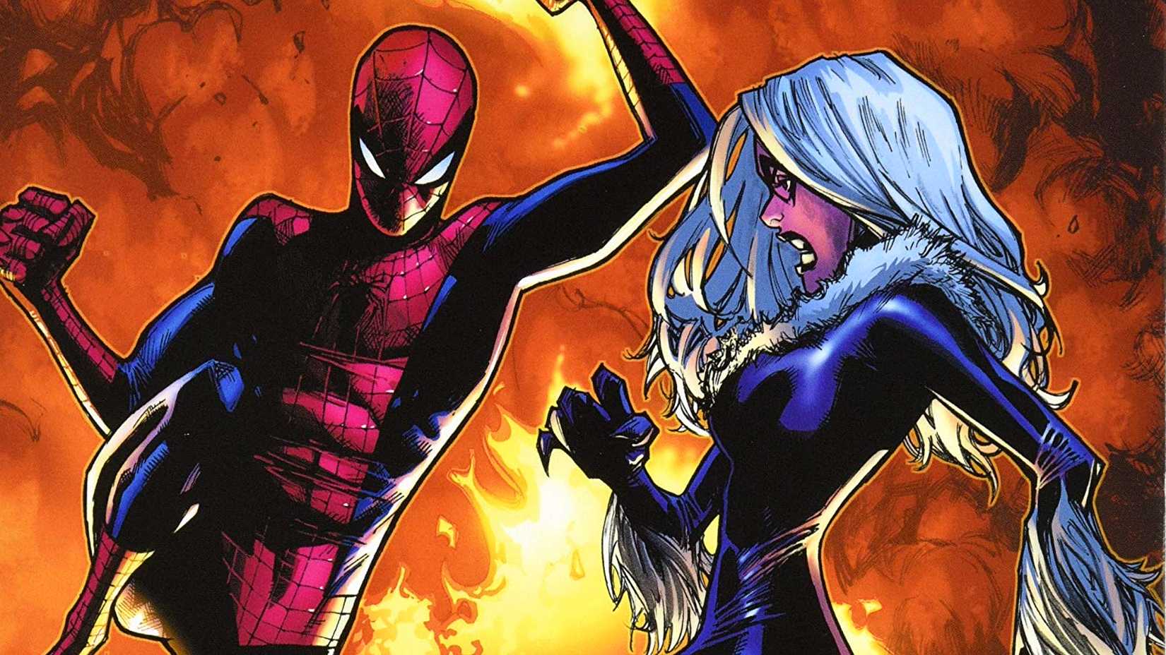 Spider-Man fights Black Cat surrounded by fire in Marvel Comics