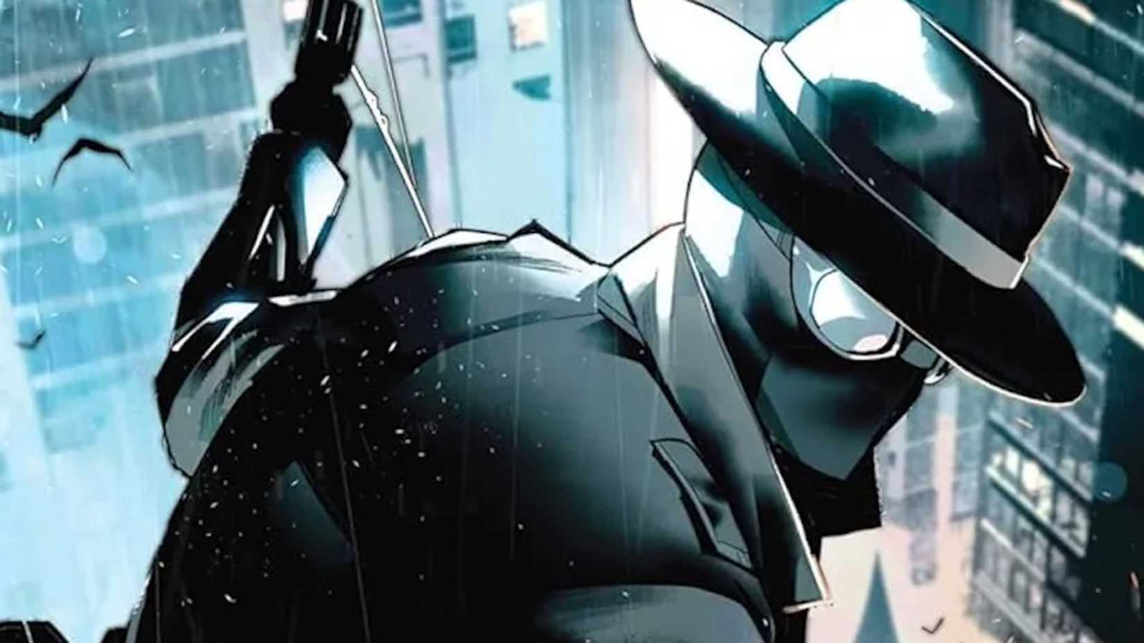 Spider-Man Noir em um telhado na cidade.