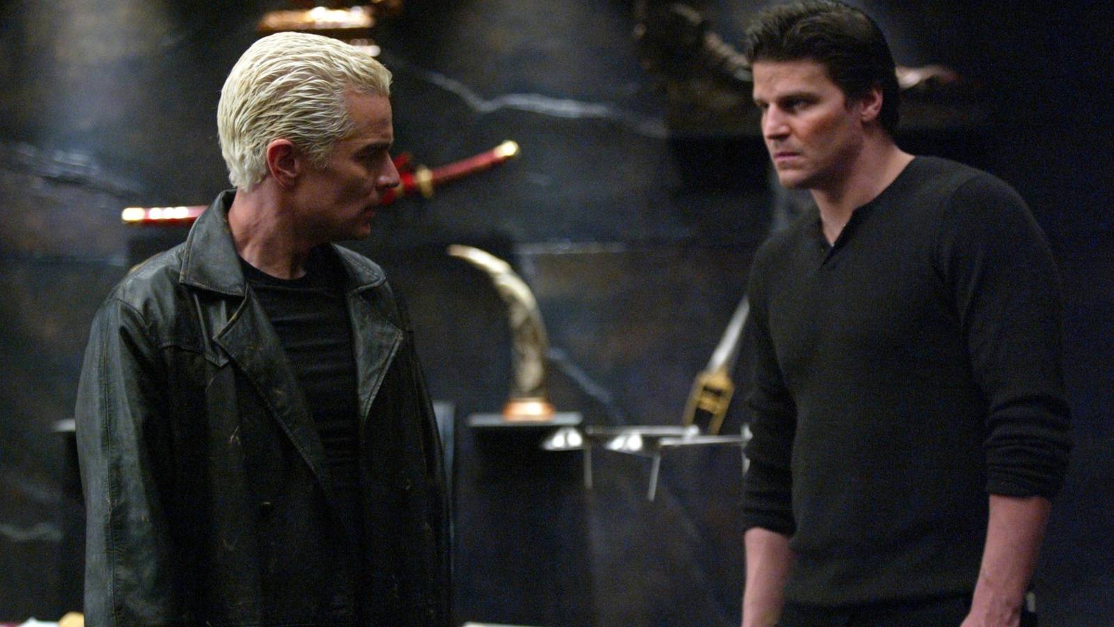 Spike (James Marsters) and Angel (David Boreanaz) staring each other down in Angel season 5