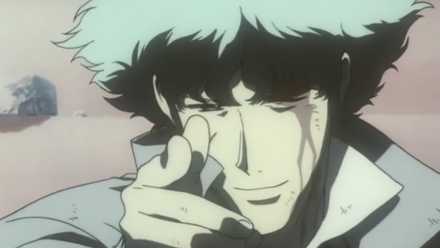 Spike Spiegel pointing finger guns and saying Bang in his final moments in Cowboy Bebop