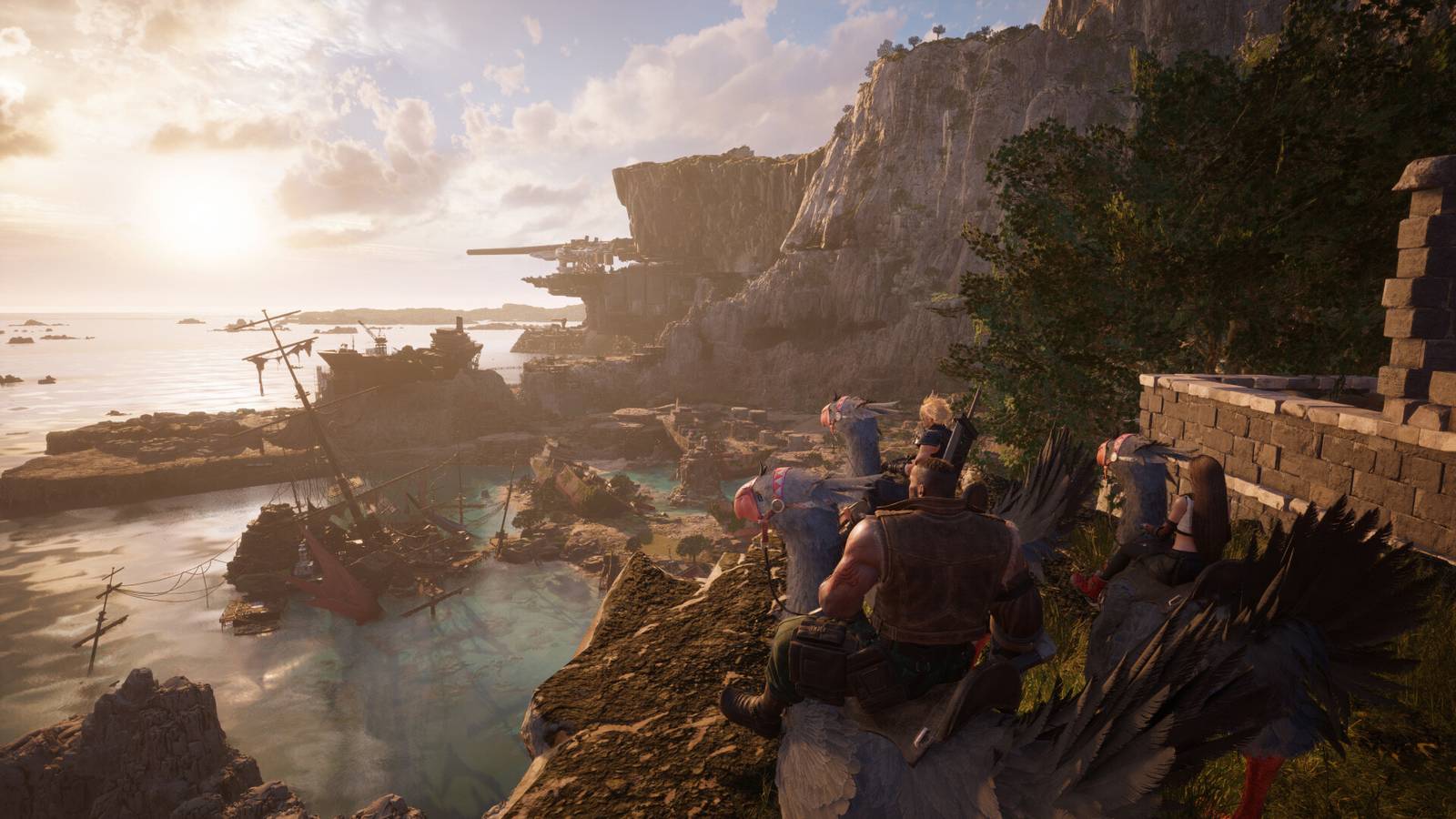 Final Fantasy 7 Rebirth characters on Chocobos looking out a water and cliffside landscape